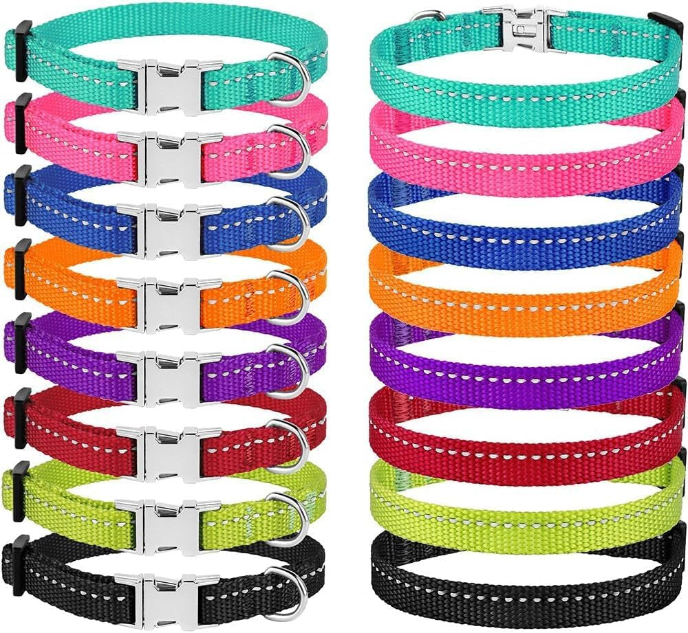 Adjustable Nylon Reflective Small Dog Collar with Metal Buckle - Available in Black, Pink, Mint Green, Lime, Orange, Red, Purple, and Blue (Neck Size 7"-11", Lime Green)