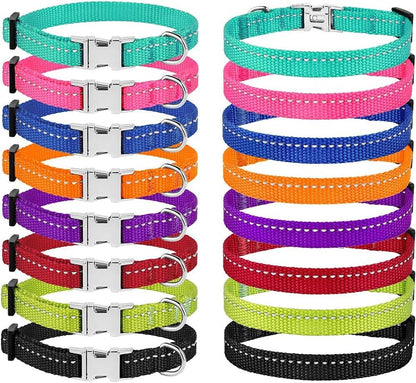 Adjustable Nylon Reflective Small Dog Collar with Metal Buckle - Available in Black, Pink, Mint Green, Lime, Orange, Red, Purple, and Blue (Neck Size 7"-11", Lime Green)