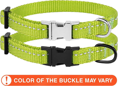 Adjustable Nylon Reflective Small Dog Collar with Metal Buckle - Available in Black, Pink, Mint Green, Lime, Orange, Red, Purple, and Blue (Neck Size 7"-11", Lime Green)