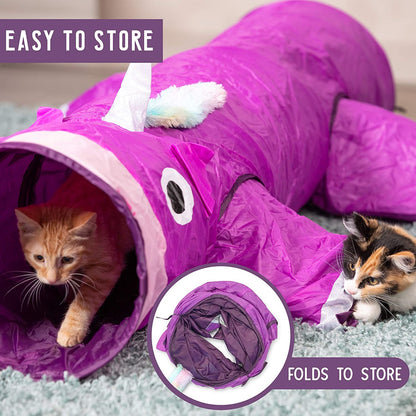 Magic Mewnicorn Multi-Purpose Cat Tunnel with Crinkle Feather String for Dogs, Cats, Rabbits, Kittens, and Guinea Pigs - Ideal for Hiding, Hunting, and Resting