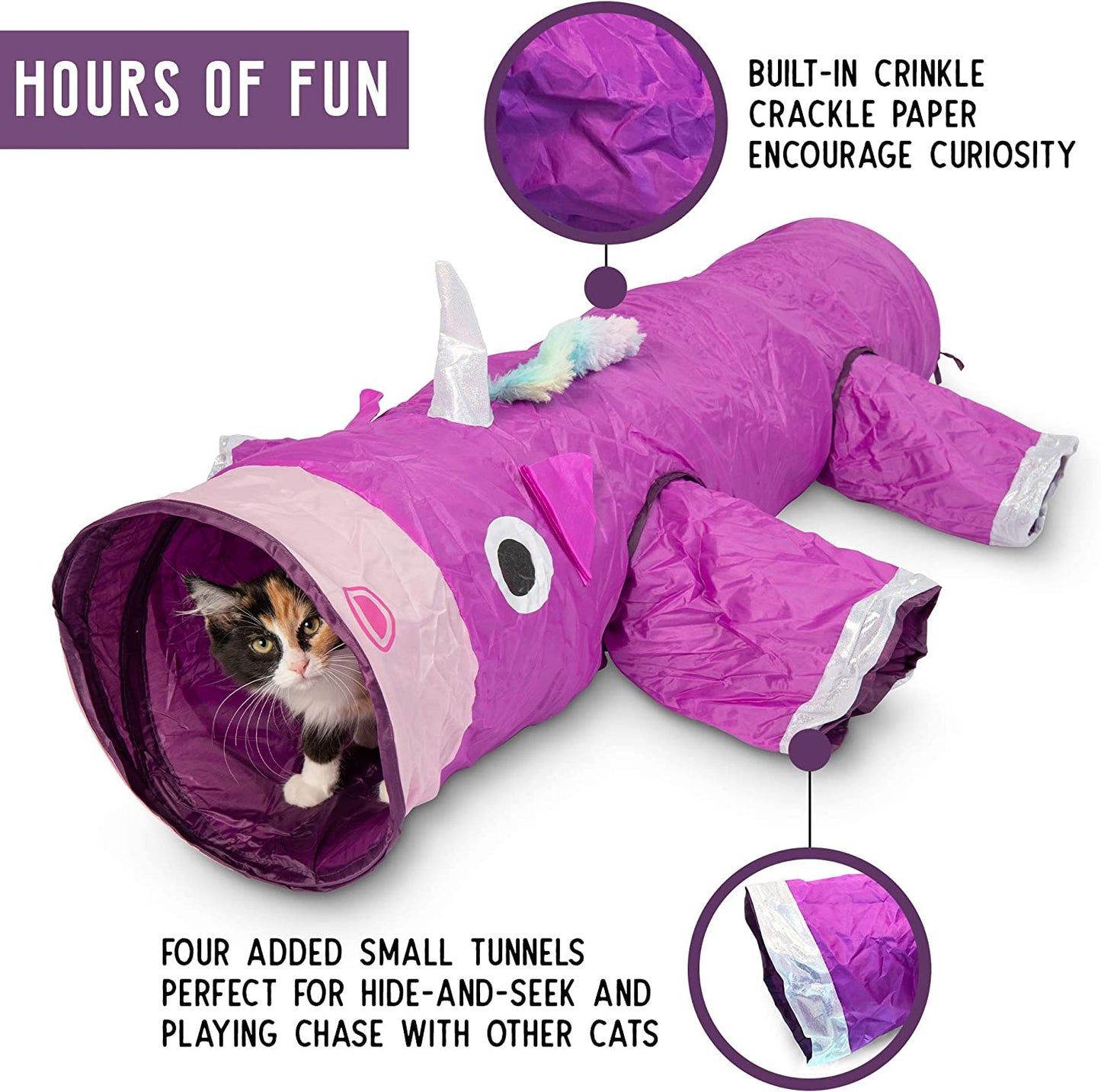 Magic Mewnicorn Multi-Purpose Cat Tunnel with Crinkle Feather String for Dogs, Cats, Rabbits, Kittens, and Guinea Pigs - Ideal for Hiding, Hunting, and Resting