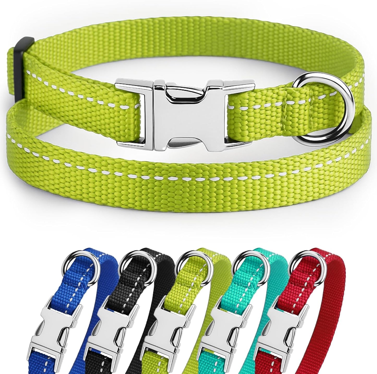 Adjustable Nylon Reflective Small Dog Collar with Metal Buckle - Available in Black, Pink, Mint Green, Lime, Orange, Red, Purple, and Blue (Neck Size 7"-11", Lime Green)